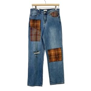 BP. Cottagecore Plaid Patchwork Distressed Jeans Medium‎ Wash Size 27 Blue Denim